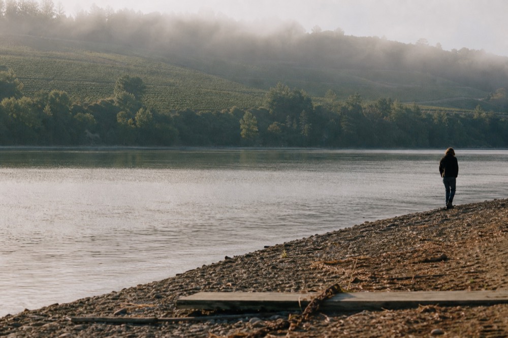 Seneca Lake shoreline with vineyards in the distance, no text, no logos, no people