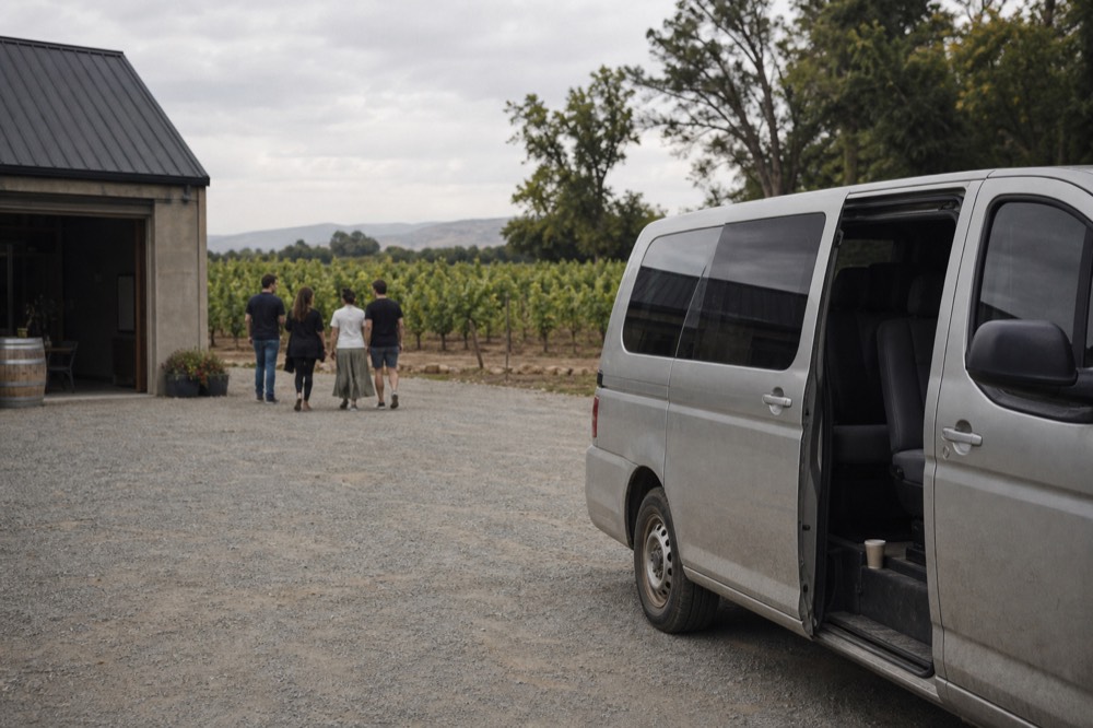 A small passenger van parked outside a winery with a vineyard backdrop, no text, no logos, no people