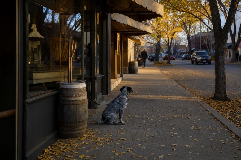 A small-town main street with wine barrels and shop awnings in afternoon light, no text, no logos, no people