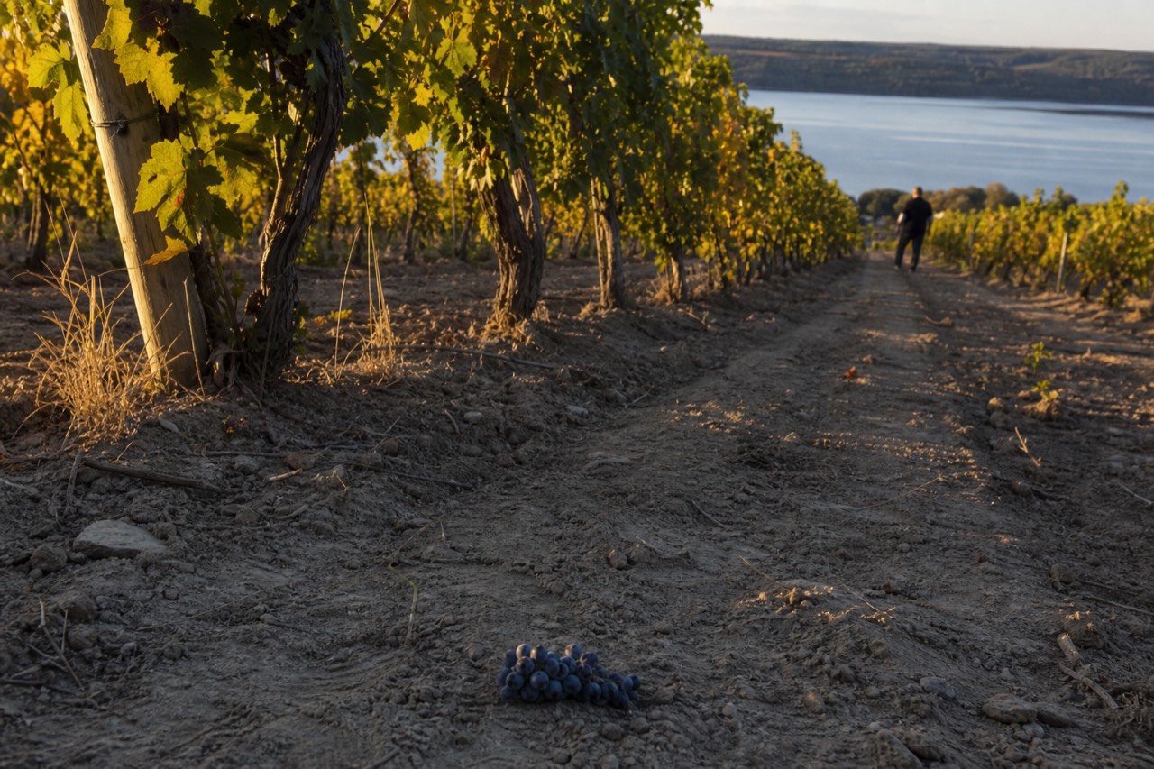 Vineyard rows on a slope above Seneca Lake at golden hour, no text, no logos, no people