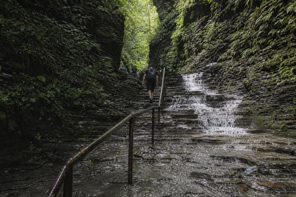 A narrow gorge with a waterfall tumbling over layered stone steps, no text, no logos, no people