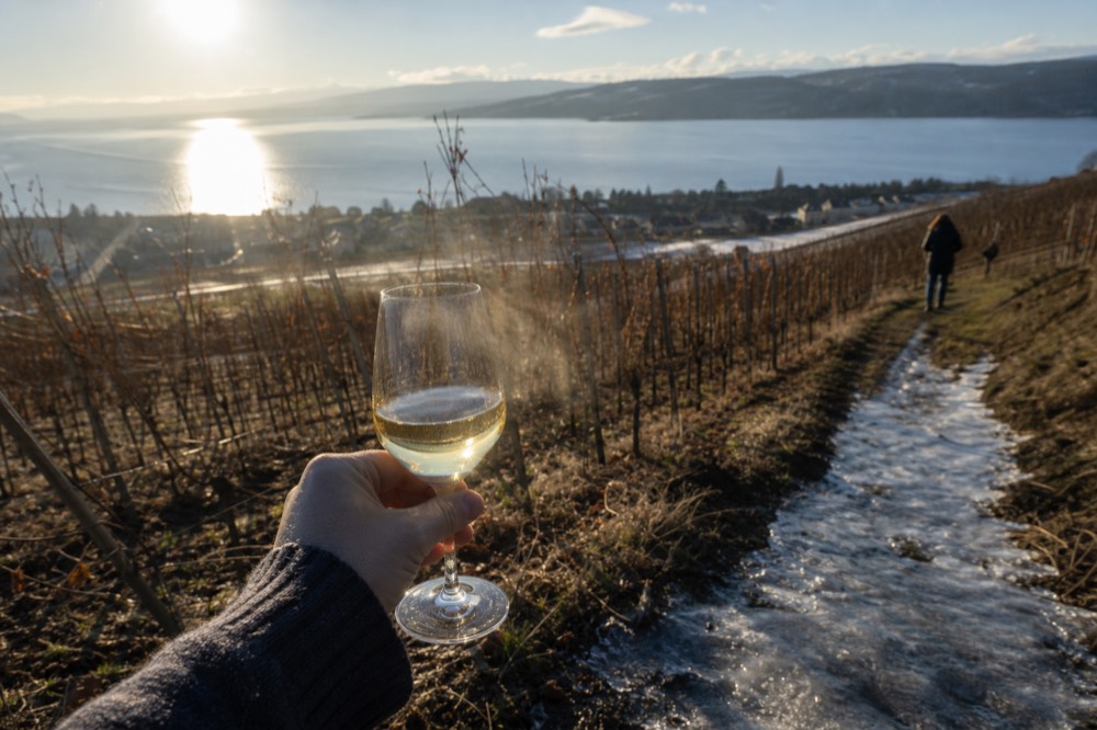 A hand holding a glass of white wine against a backdrop of a vineyard with a lake beyond, no text, no logos, no people