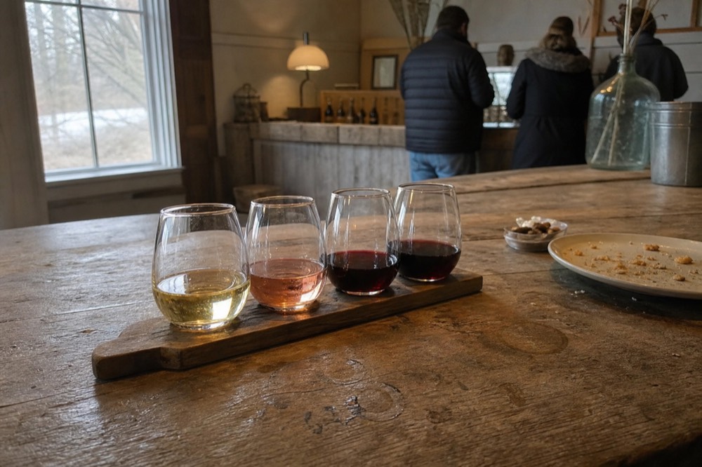 A tasting flight of white and red wines on a wooden winery bar, no text, no logos, no people