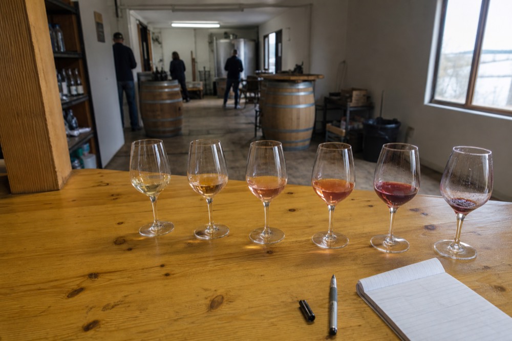 A tasting flight on a wooden bar at Fulkerson Winery, no text, no logos, no people