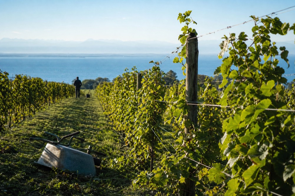 A vineyard on the Canandaigua Wine Trail with the lake in the distance, no text, no logos, no people