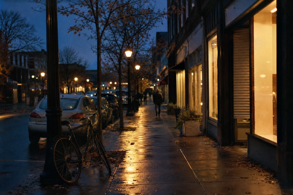 A quiet main street in a small Finger Lakes town at dusk with lit shopfronts, no text, no logos, no people