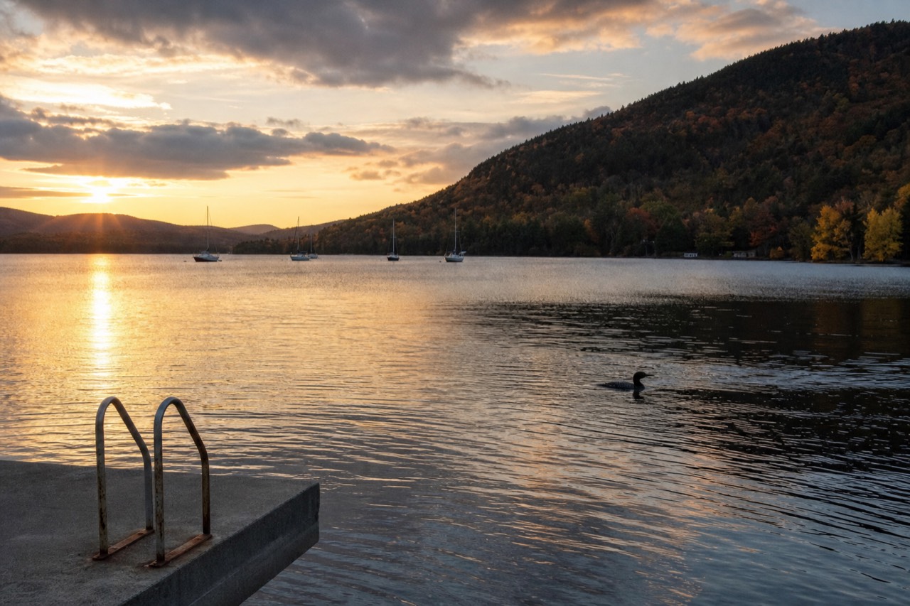 View over Canandaigua Lake at golden hour from the northern shore, calm water and wooded hills, no text, no logos, no people