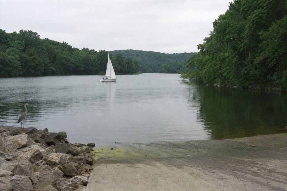 Sailboat on a narrow lake with wooded hills on both shores, no text, no logos, no people