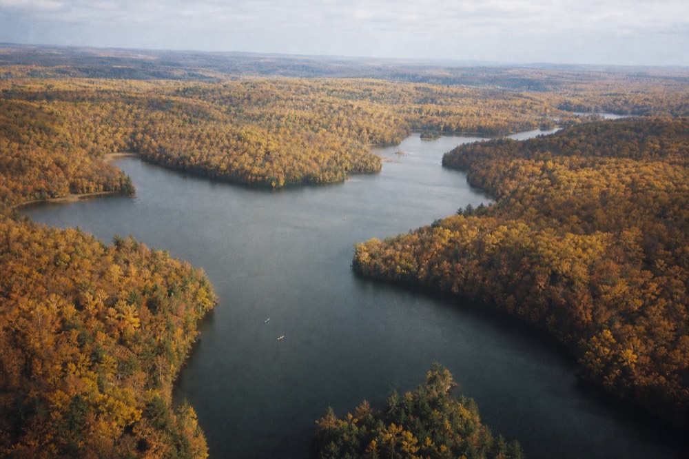 Aerial view of Keuka Lake's Y-shape, no text, no logos, no people