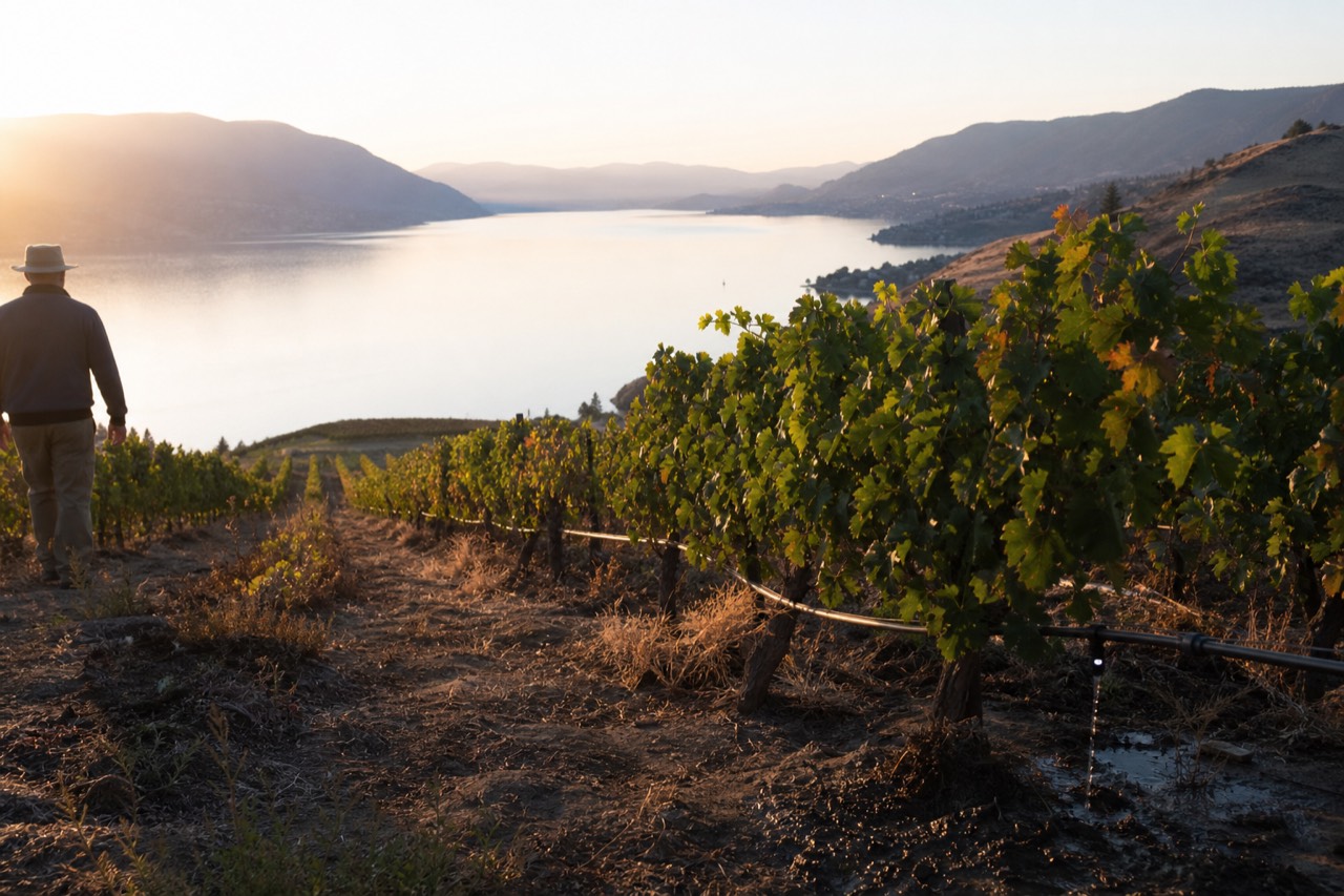 Vineyard rows on a hillside sloping down toward a long Finger Lake at golden hour, no text, no logos, no people.