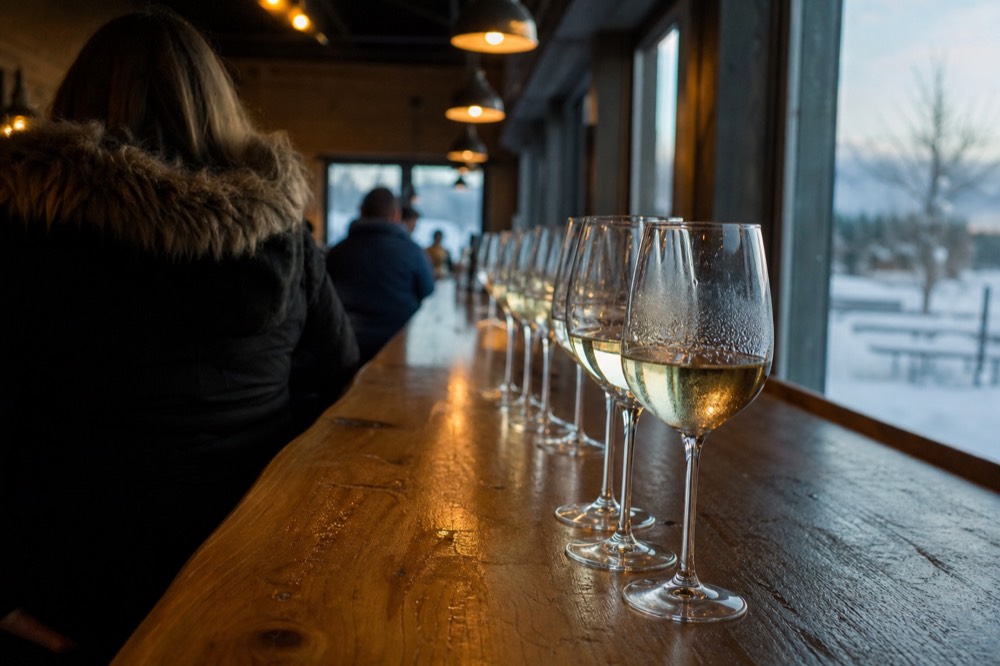 Glasses of pale white wine lined up on a tasting room bar, no text, no logos, no people