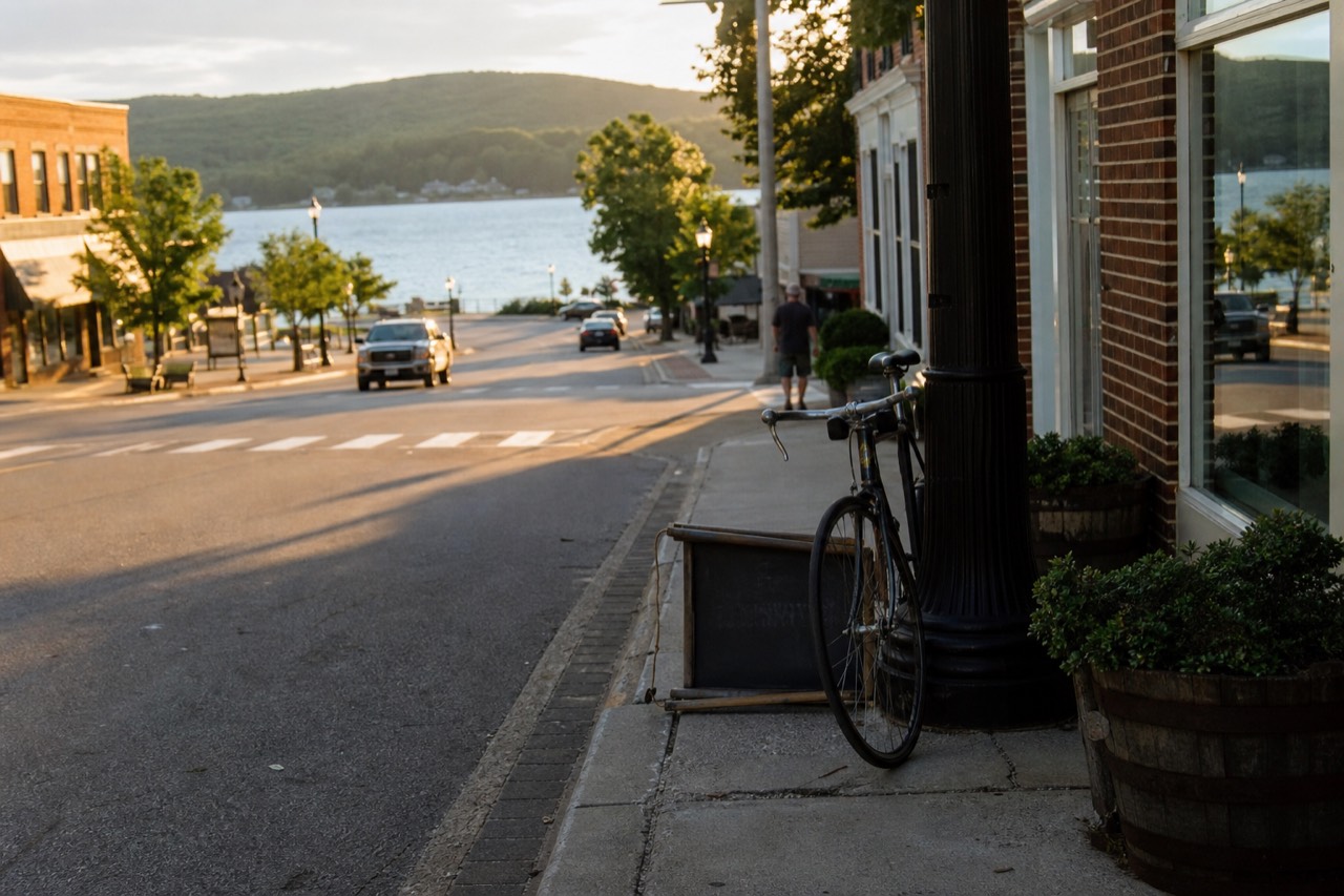 A small lakeside town main street at golden hour with water and hills behind, no text, no logos, no people