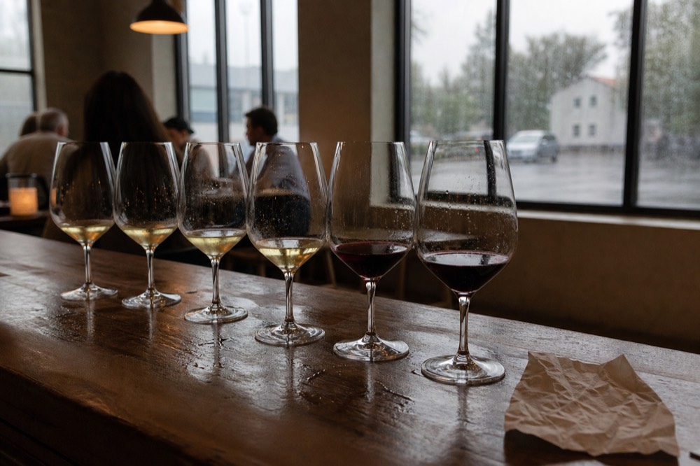 A tasting flight of white and red wines on a winery bar, no text, no logos, no people