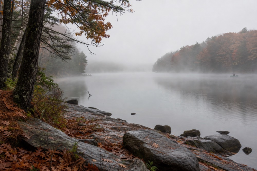 A long narrow lake seen from a wooded point with autumn color on the far shore, no text, no logos, no people