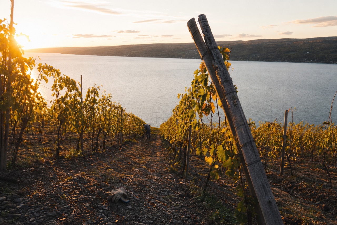 Vineyard rows on a sloping hillside above Seneca Lake at golden hour, no text, no logos, no people