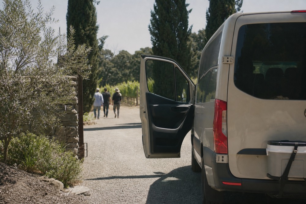 A small tour van parked outside a winery entrance in afternoon light, no text, no logos, no people