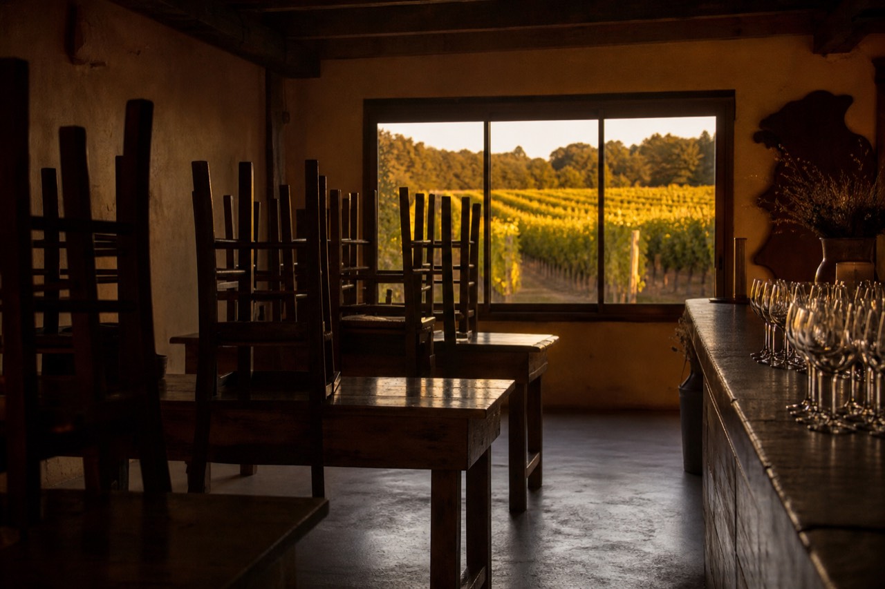 A Finger Lakes tasting room at golden hour with empty tables and vines behind, no text, no logos, no people
