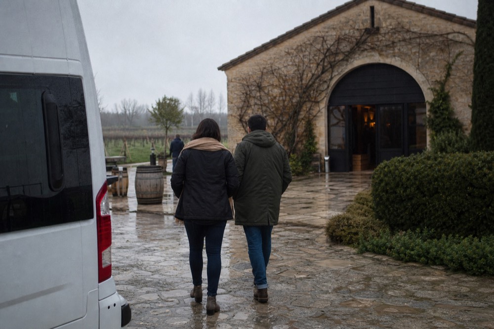 Visitors in layered fall clothing walking between a van and a winery entrance, no text, no logos, no people