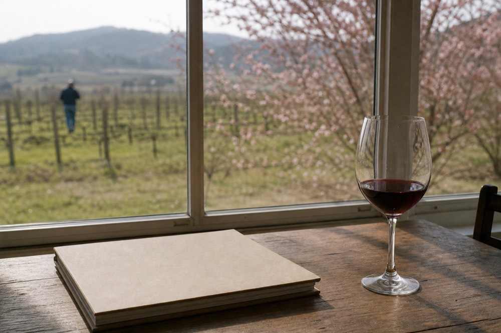 A calendar and wine glass on a wooden table beside a window overlooking vineyards, no text, no logos, no people