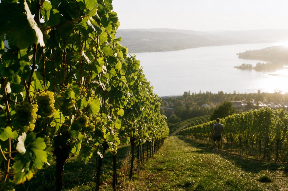 Rows of Riesling vines on a lakeside slope in late afternoon light, no text, no logos, no people