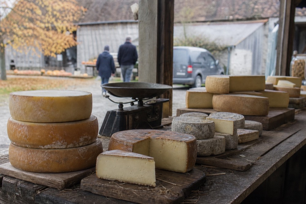 A rustic farm store counter with wheels and wedges of cheese on wooden boards, no text, no logos, no people