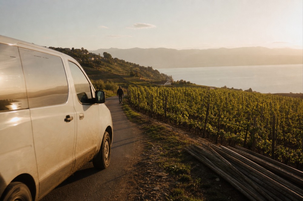 A van driving past a Finger Lakes vineyard, no text, no logos, no people