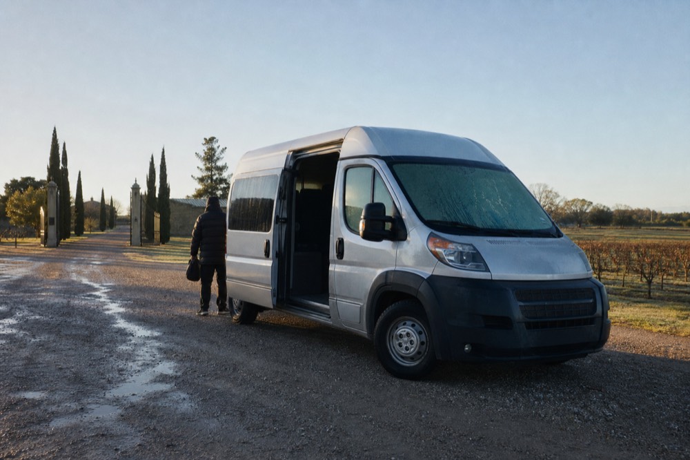 A private tour van parked at a Finger Lakes winery, no text, no logos, no people
