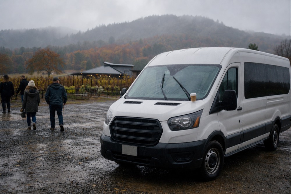 A small-group shuttle van at a Finger Lakes winery, no text, no logos, no people