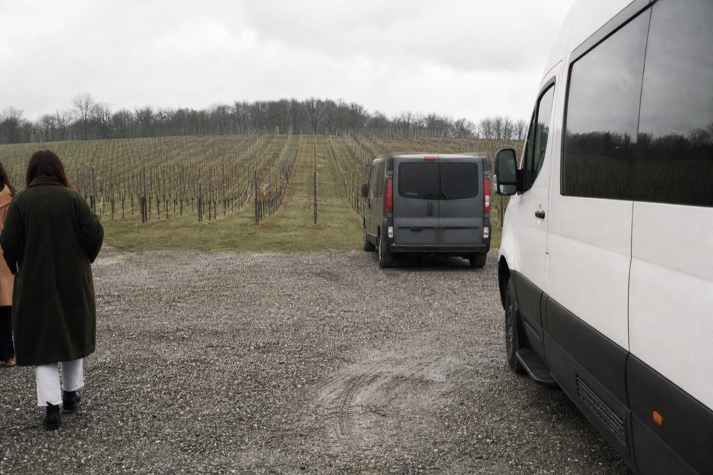 A private van and a shuttle van side by side at a winery, no text, no logos, no people