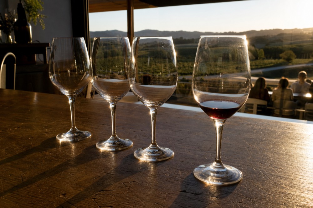 Four wine glasses on a wooden tasting bar with vineyard hills through the window, no text, no logos, no people