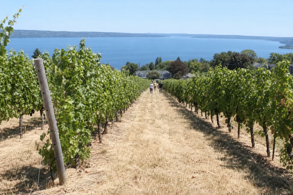 A lake seen between vineyard rows on a slope at midday, no text, no logos, no people