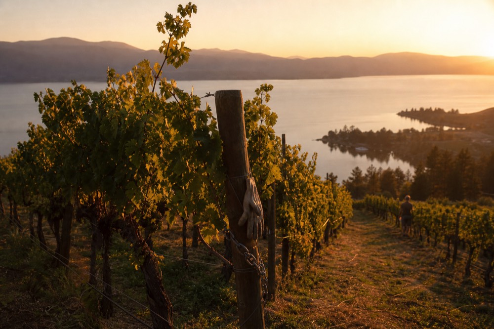 A vineyard slope at sunset above a long lake, rows of vines in the foreground, no text, no logos, no people