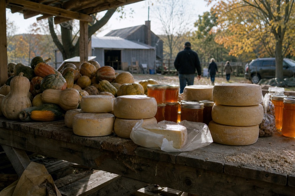 Farmstand with local cheeses and produce on a wooden table, no text, no logos, no people