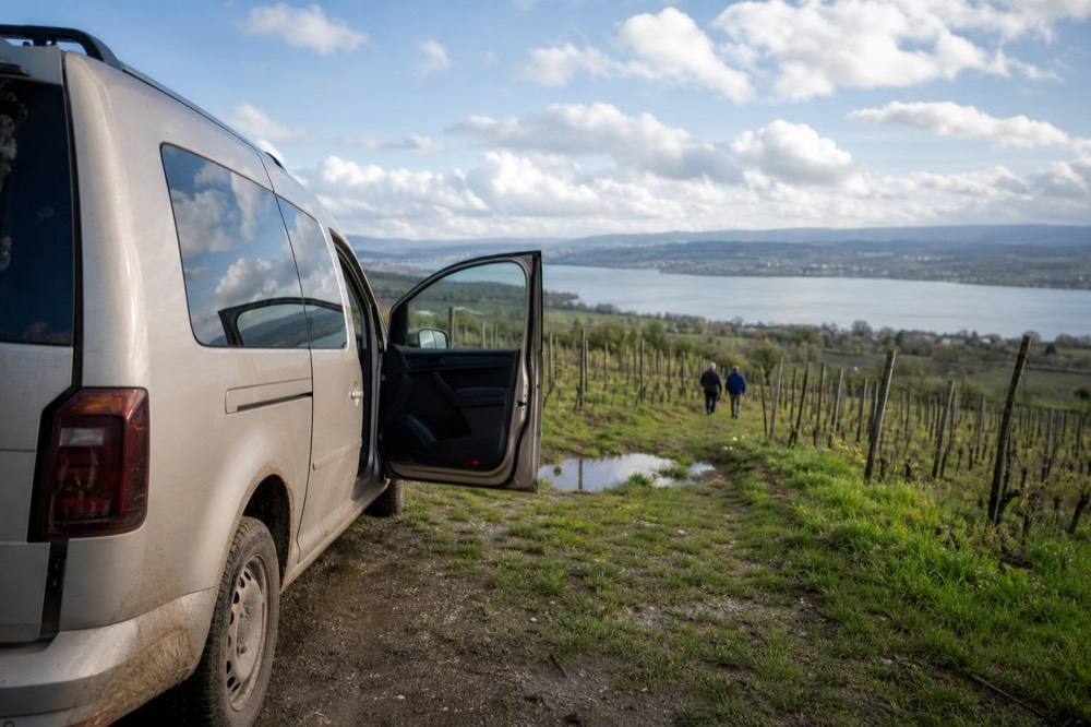 Small van parked at a vineyard overlooking a lake, no text, no logos, no people