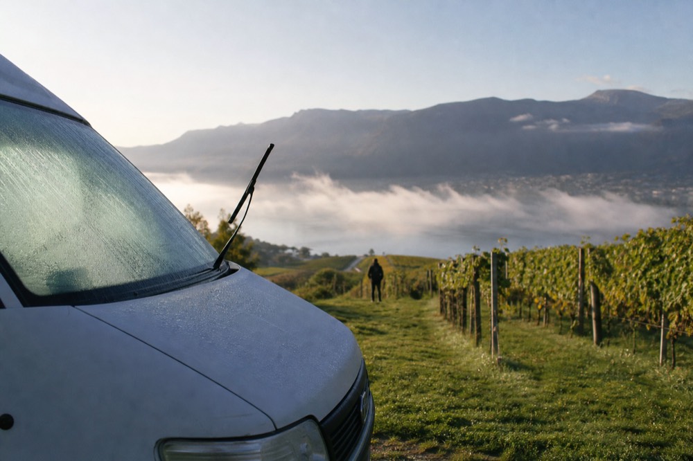 A van parked beside vineyard rows on a lake slope, no text, no logos, no people