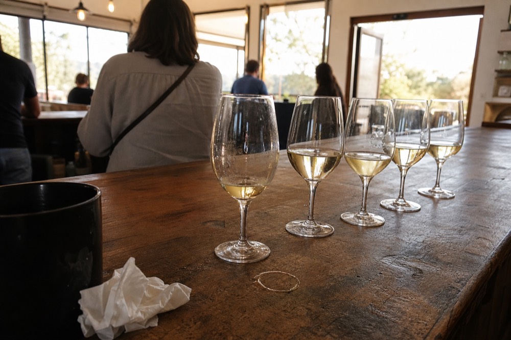 A tasting flight of white wines on a wooden tasting room counter, no text, no logos, no people