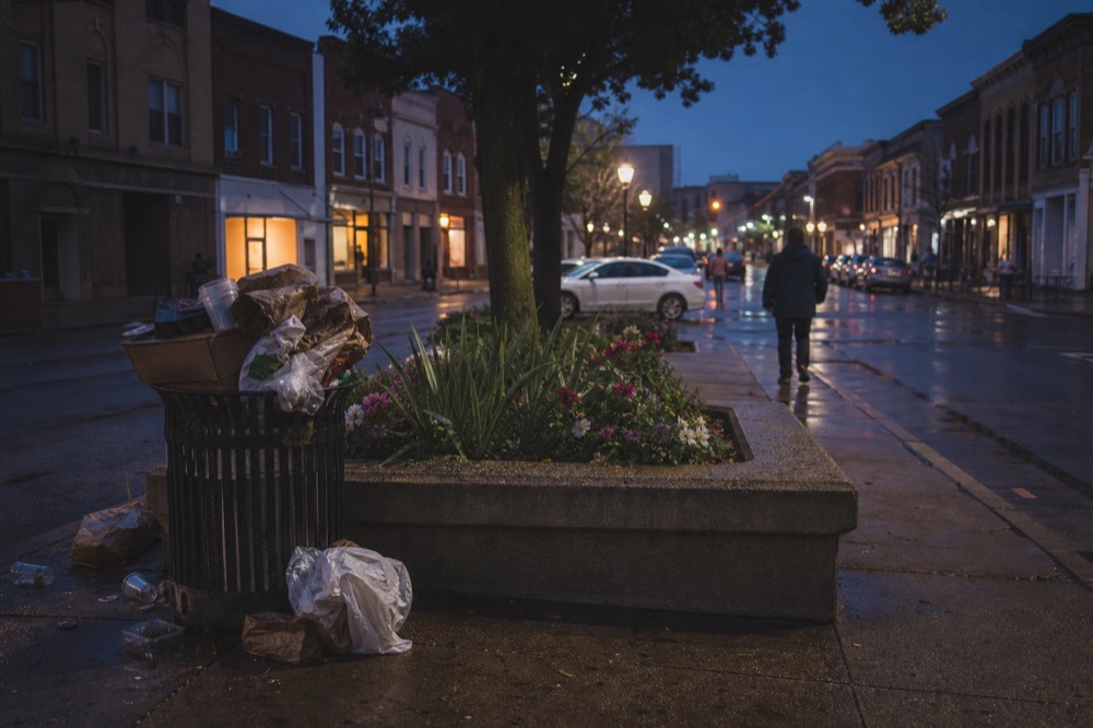 A small-town main street with brick storefronts at dusk, no text, no logos, no people